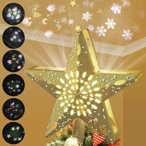 Gold Star Christmas Tree Topper With LED Rotating White Snowflakes